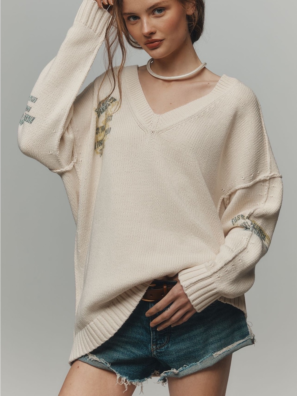 Pilcro Cream V-Neck Relaxed Knit Sweater